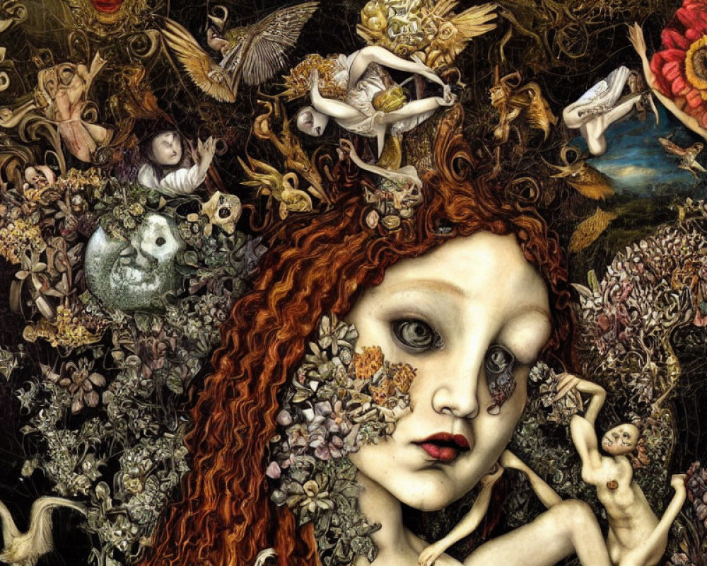 Surreal Artwork Featuring Red-Haired Figure and Whimsical Elements