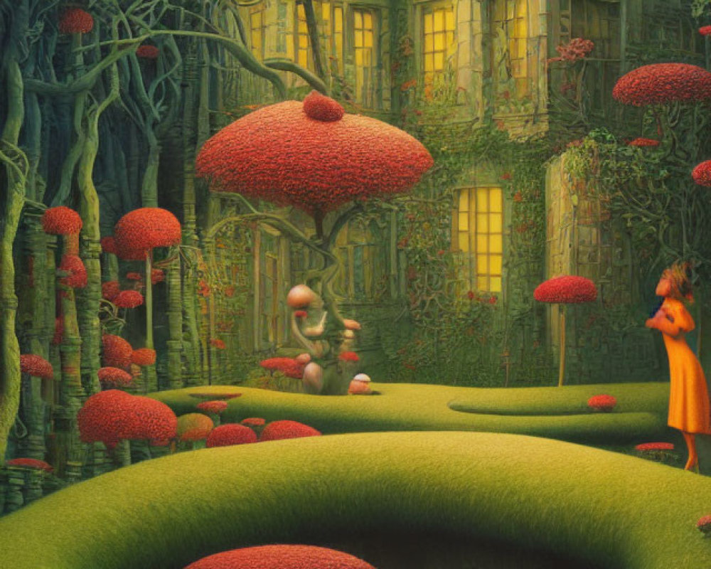 Whimsical illustration of labyrinthine garden with oversized mushrooms and stylized characters