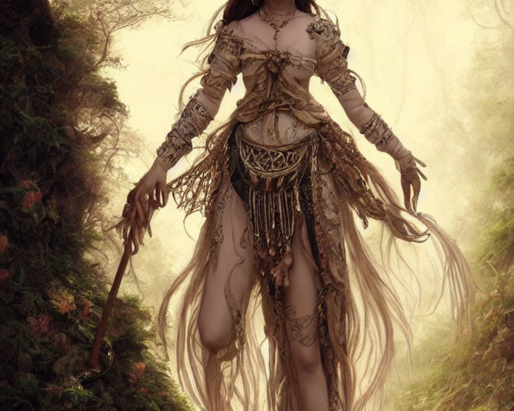 Elaborate fantasy attire in misty forest with horned headdress