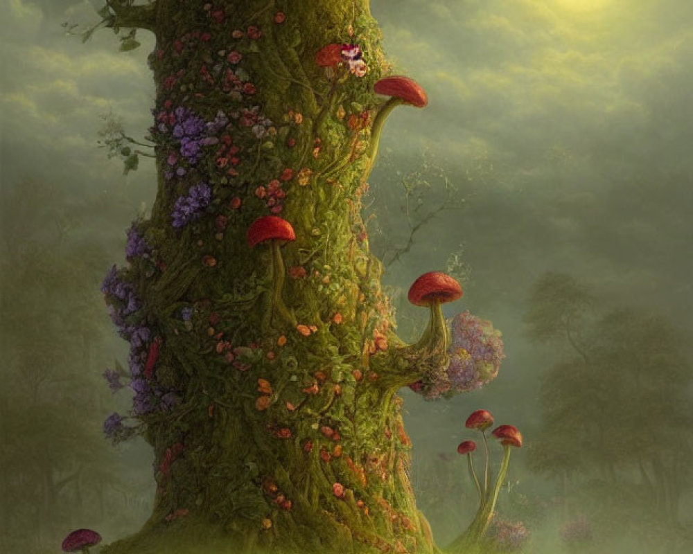 Enchanting forest scene with moss-covered tree and red-capped mushrooms