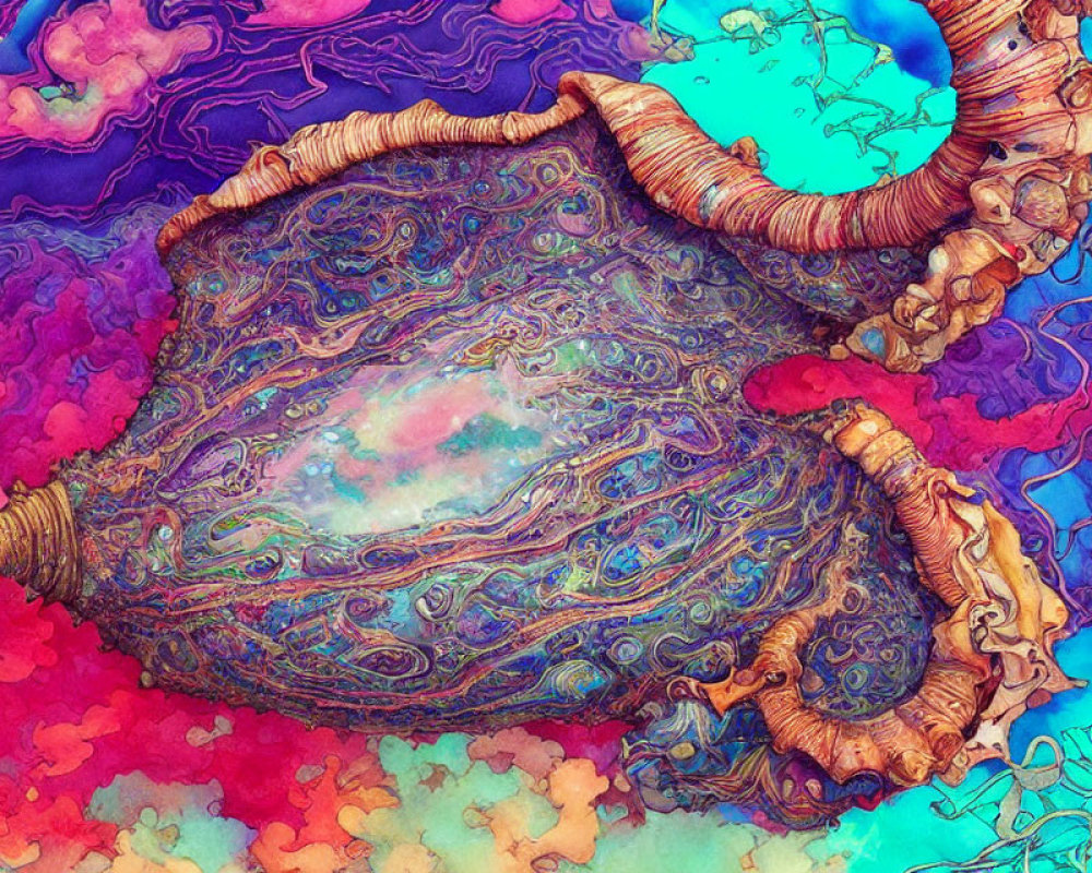 Colorful Cosmic Illustration with Horn-shaped Object and Nebula-like Clouds