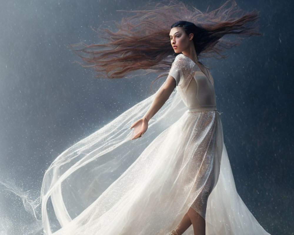 Graceful woman in white dress dances under night sky with UFO above