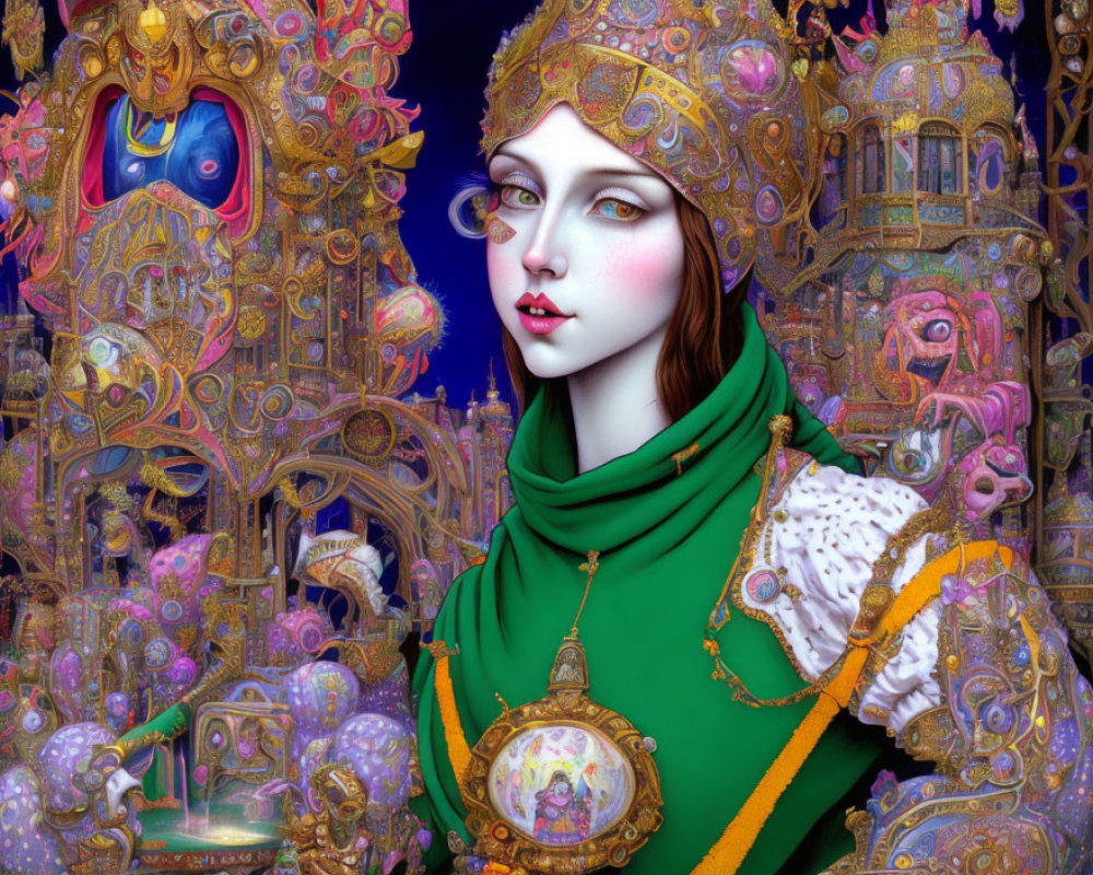 Digital Artwork: Pale Woman in Golden Armor on Colorful Machine Background