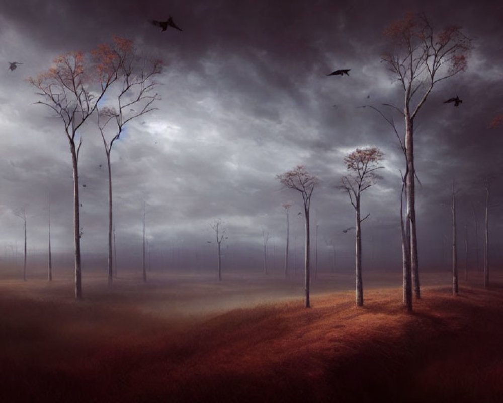 Misty field with bare trees and flying birds under dark sky