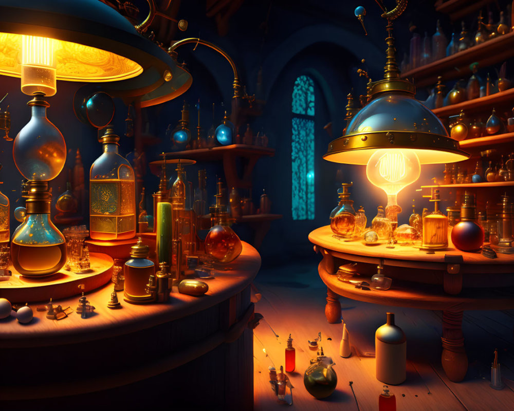 Enchanting Alchemist's Laboratory with Glowing Potions and Magical Artifacts