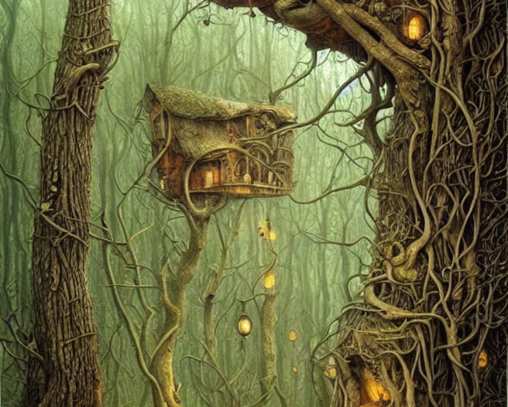 Enchanting glowing treehouse in mystical forest