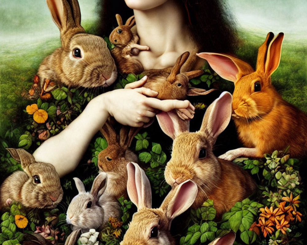 Young woman surrounded by rabbits in lush greenery and floral adornments