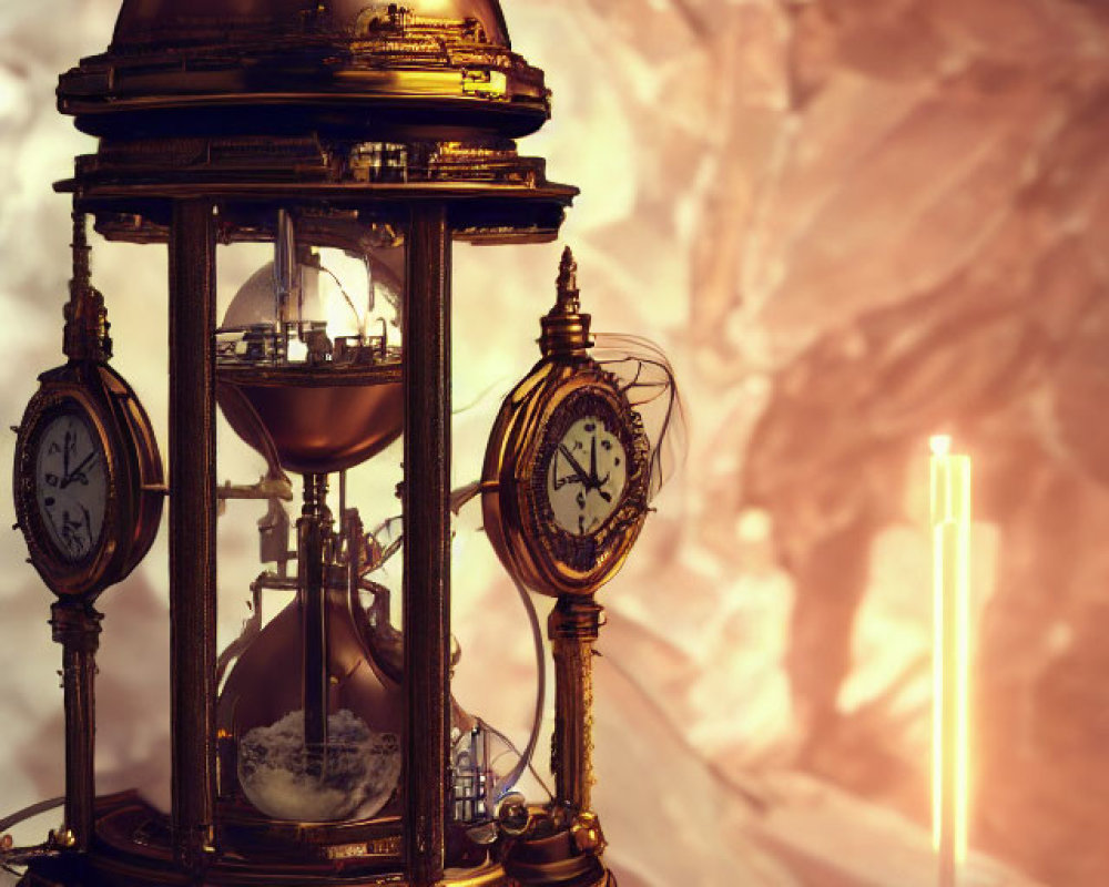 Antique Brass Hourglass with Clock Mechanisms on Textured Backdrop