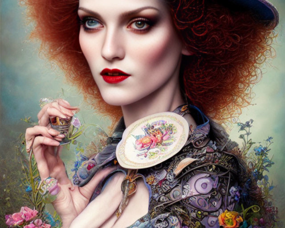 Portrait of woman with red hair, teacup, floral outfit, and top hat.