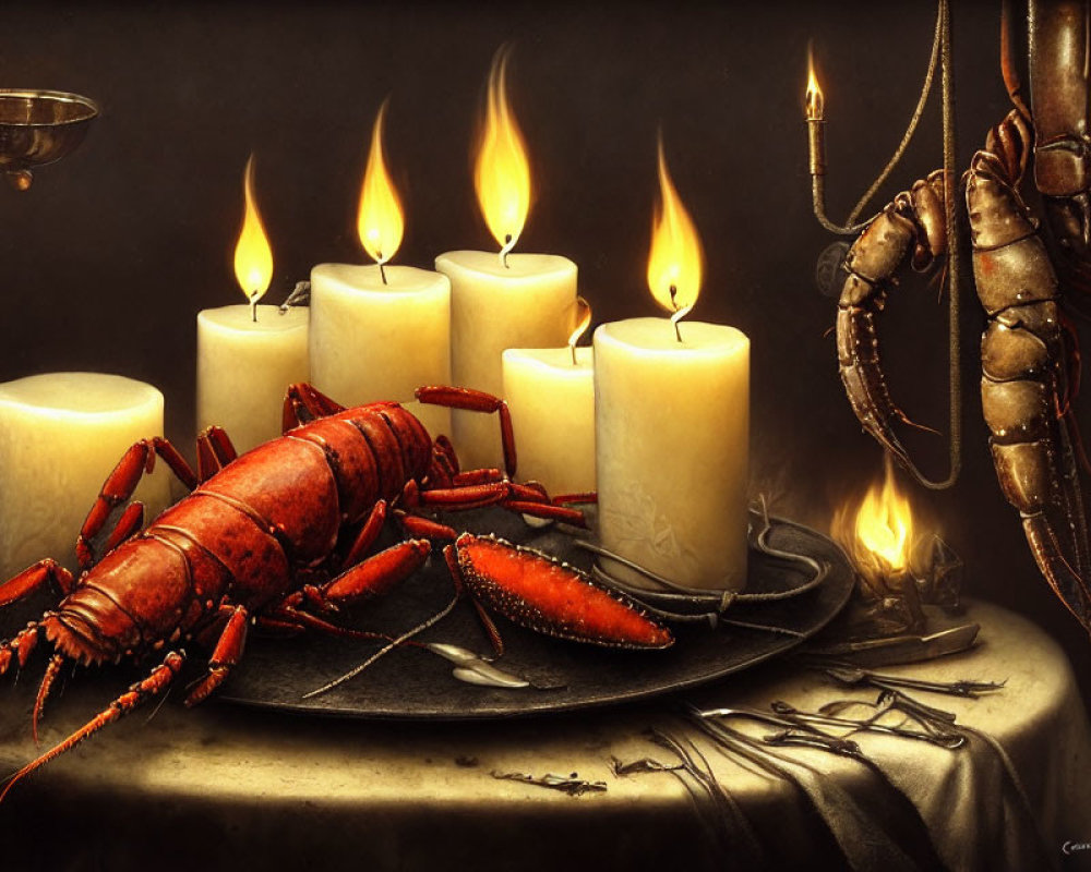 Still Life Image: Lobster, Crab, Candles, Goblet on Table