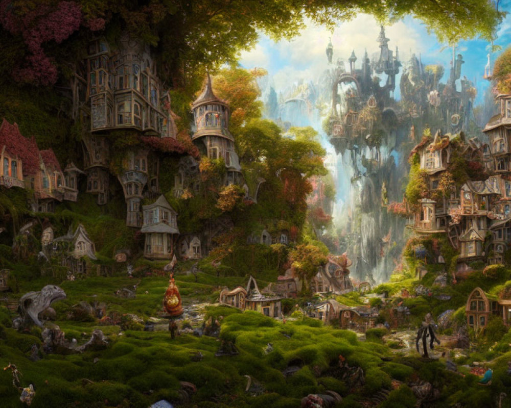 Fantastical landscape with lush forest, whimsical houses, waterfalls, and spires under warm