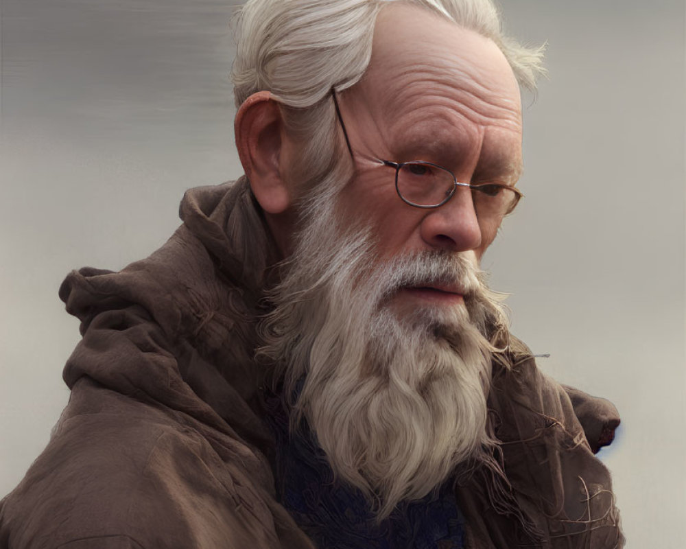 Elderly man with white beard and sailboat in misty background