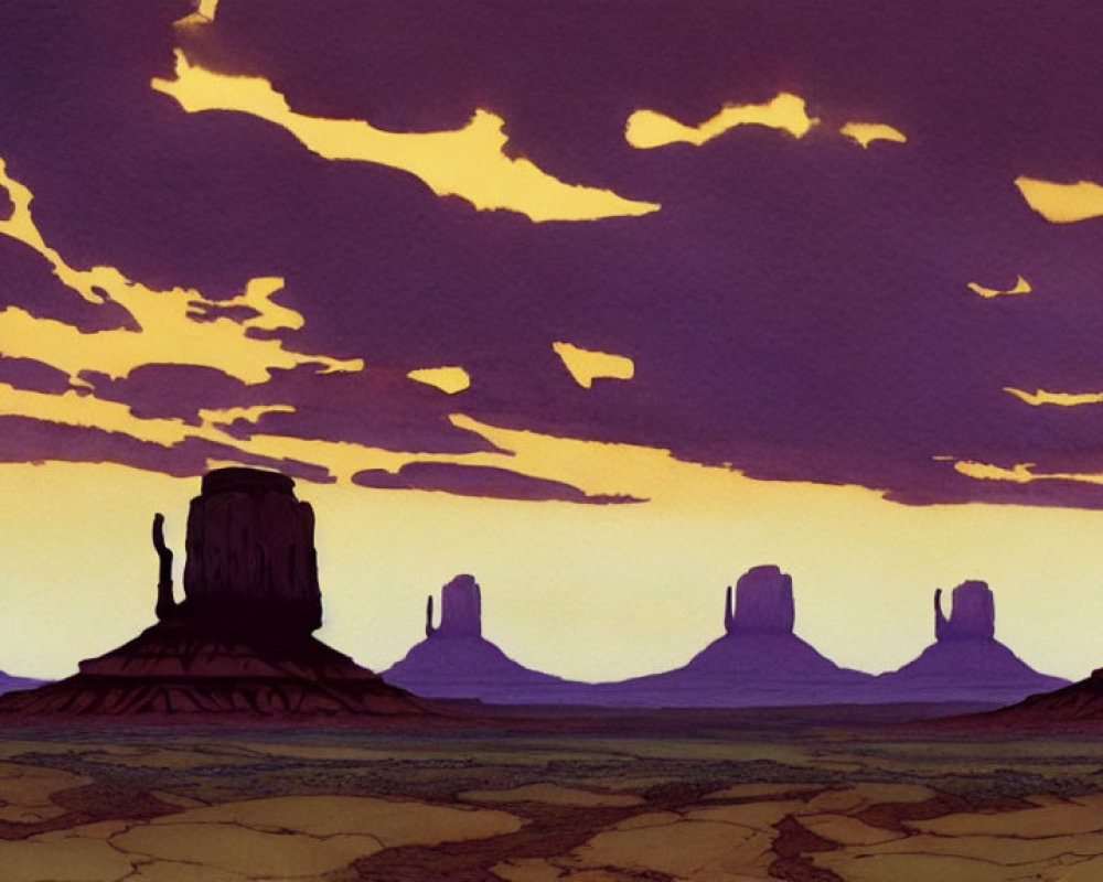 Cartoon desert buttes under purple sky with yellow clouds