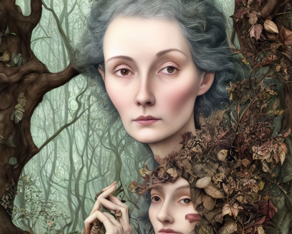 Surreal portrait of woman with pale blue hair and twisted tree background