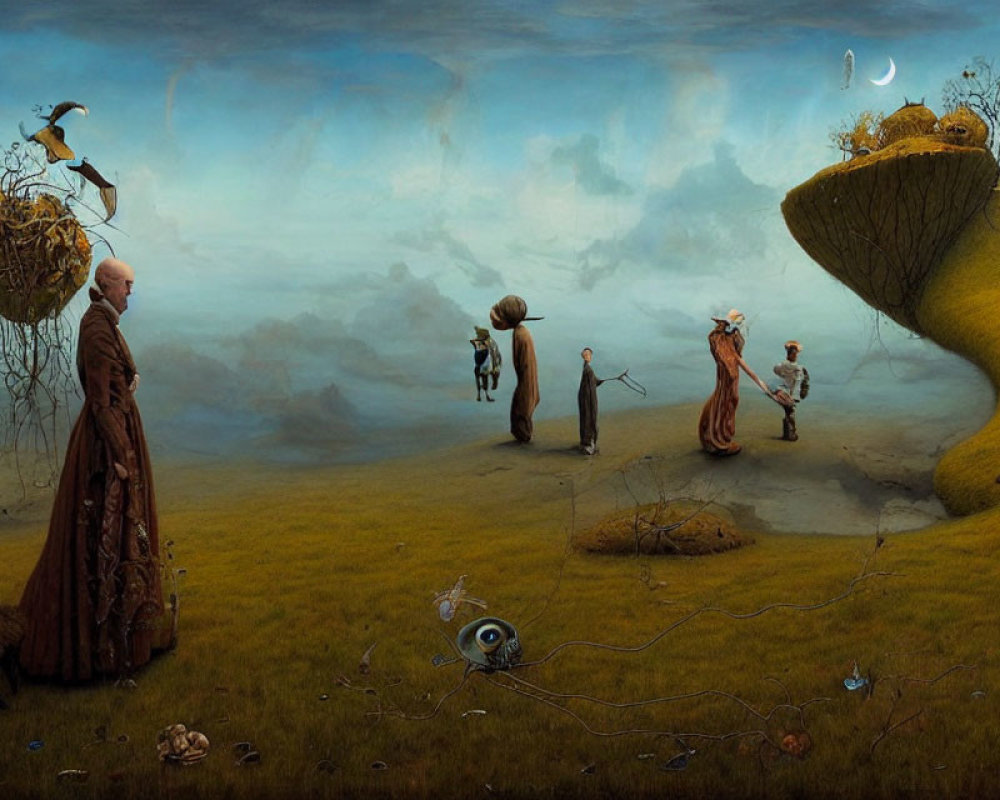 Surreal landscape with robed figure, birds, nests, and whimsical night sky