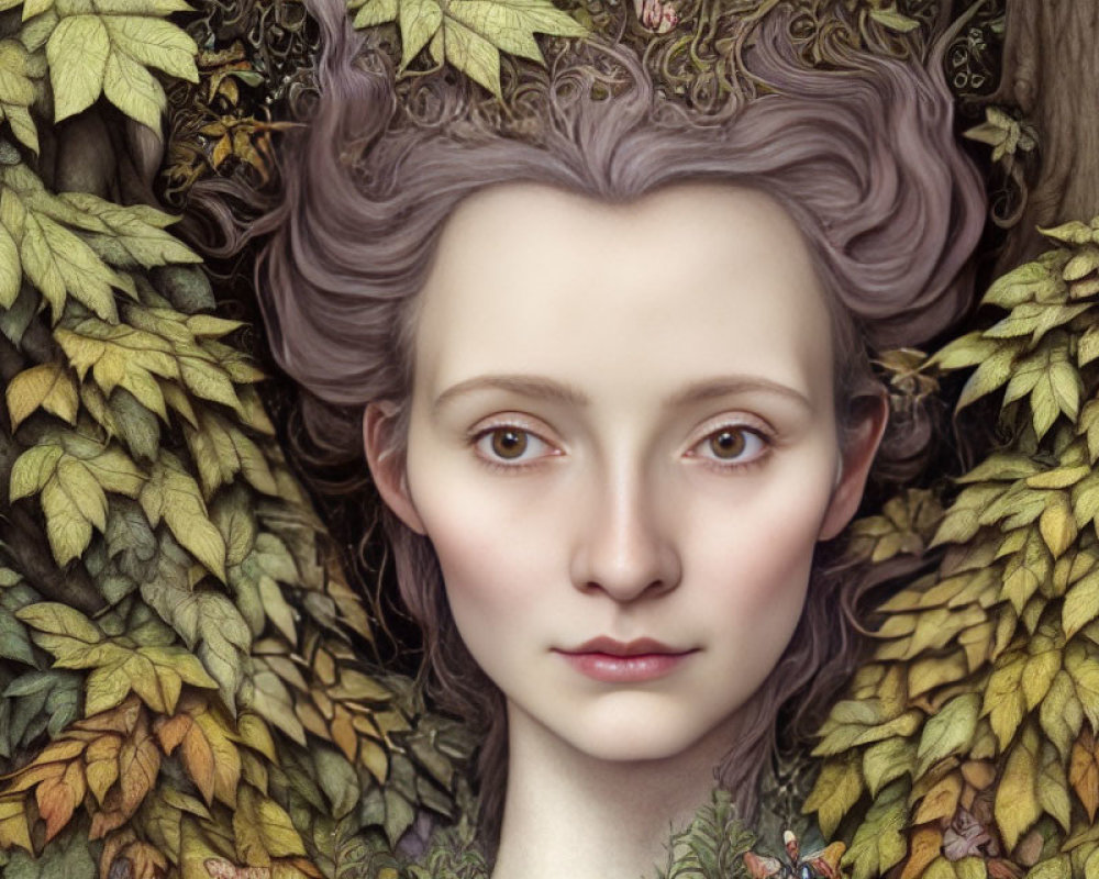 Detailed Digital Painting of Woman with Pale Skin and Light Brown Eyes in Lush Green and Autumn-Colored