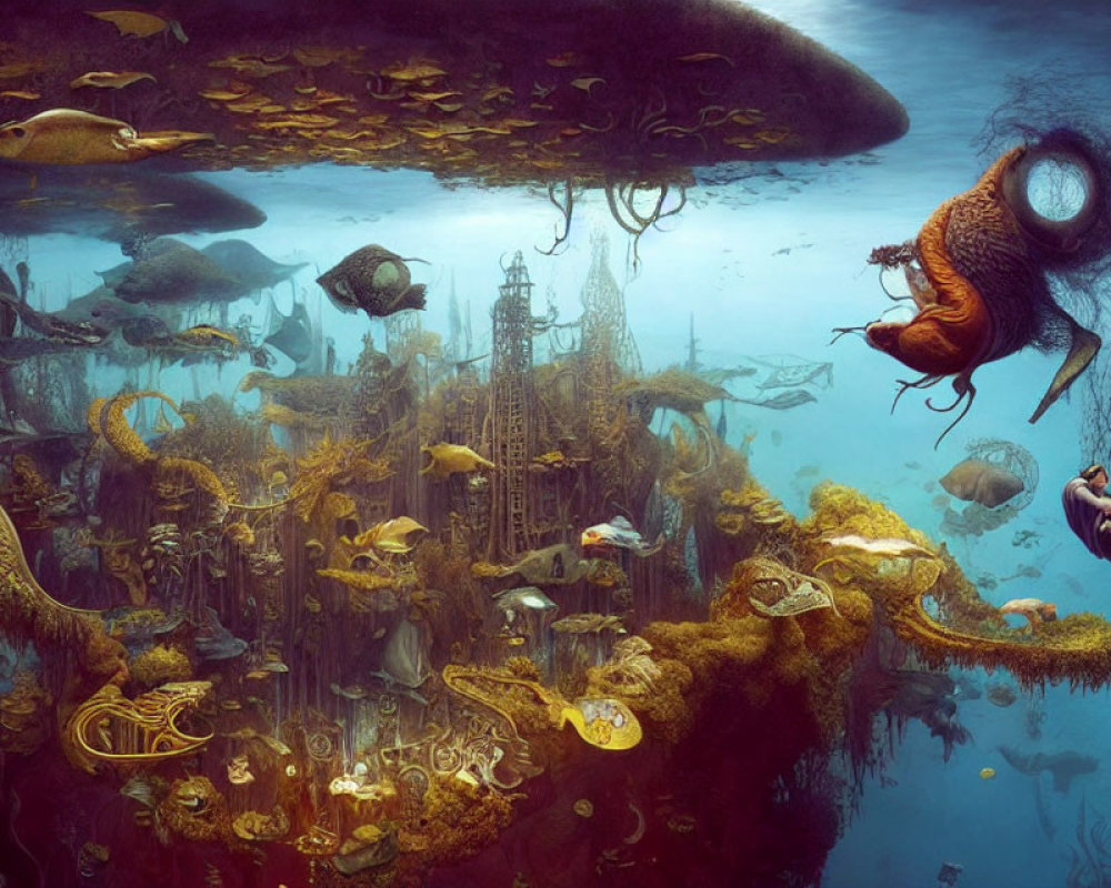 Diverse Underwater Creatures in Sunken City with Rowing Person