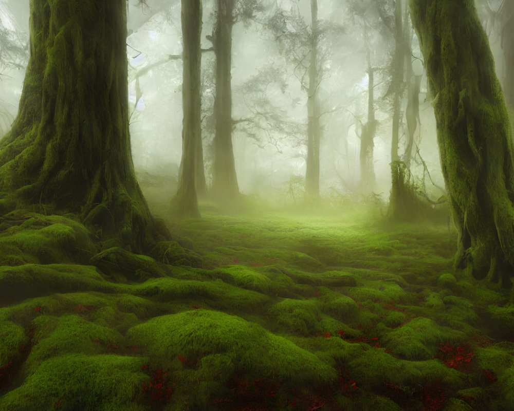 Misty moss-covered forest with ancient trees in foggy ambiance