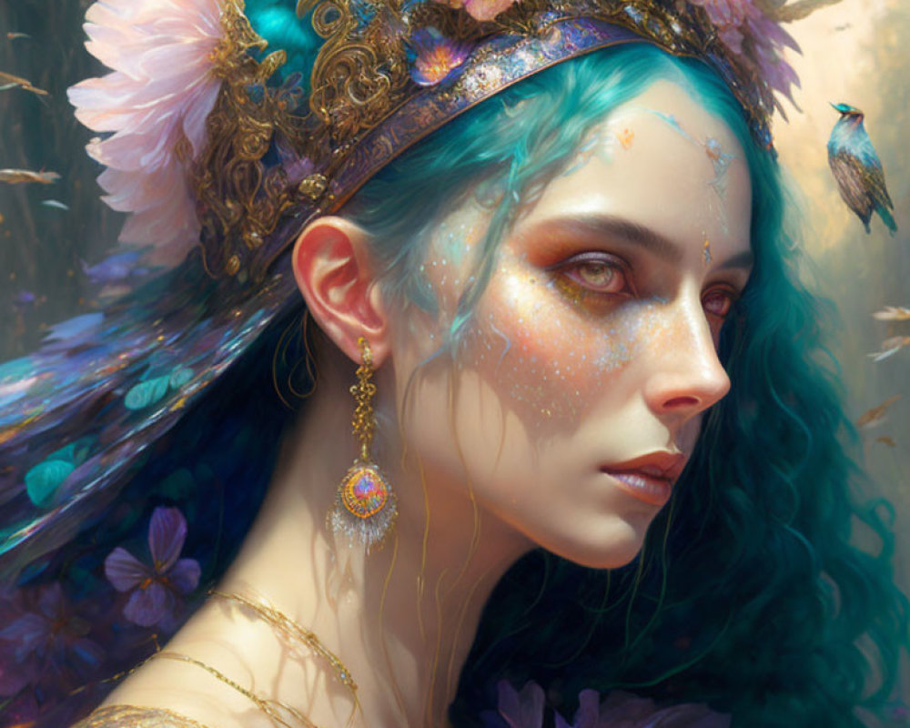 Teal-haired woman in fantasy portrait with flower crown and jewels