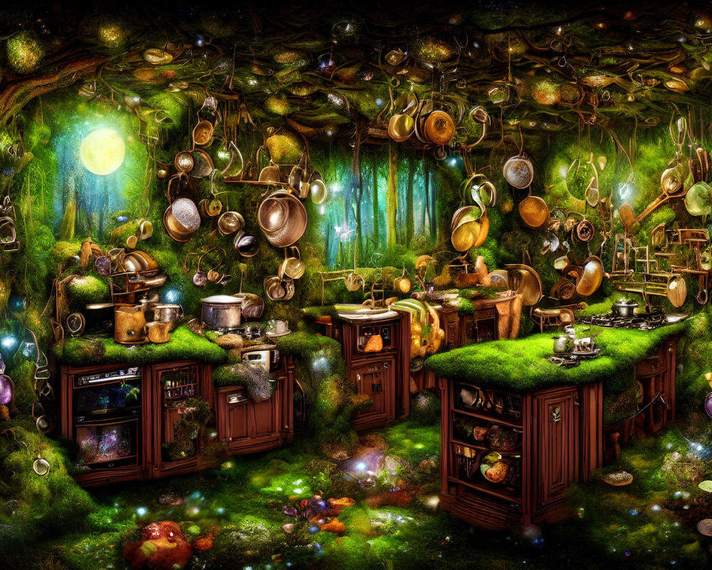 Enchanting kitchen with magical trees, glowing orbs, hanging pots, and pans