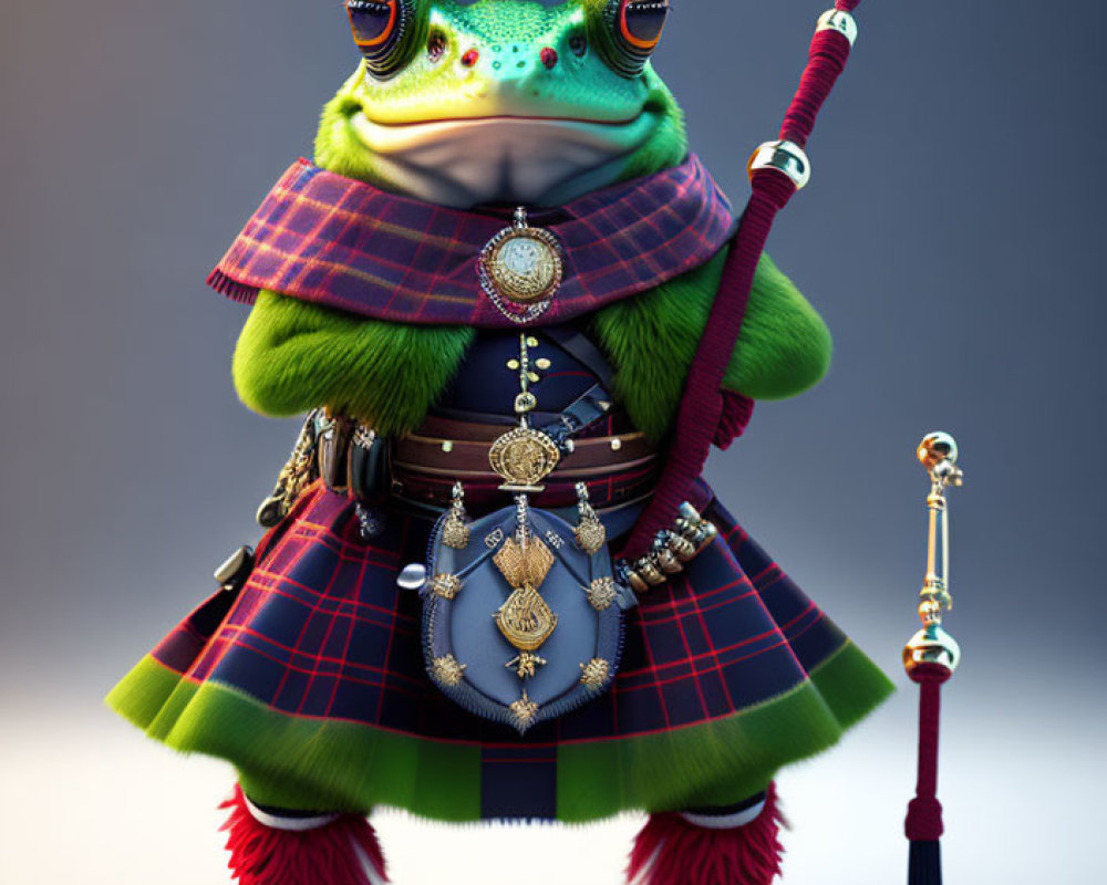 Anthropomorphic frog in Scottish attire with kilt, sporran, and bagpipes