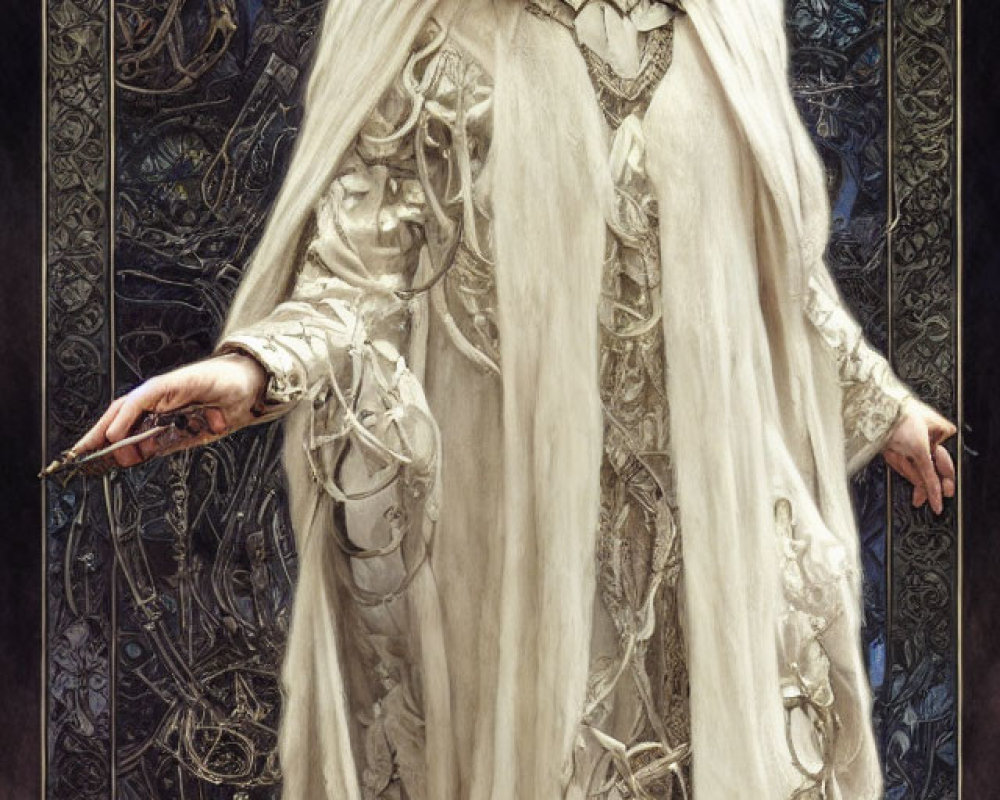 Pale-skinned figure in cream gown with red hair in art nouveau setting