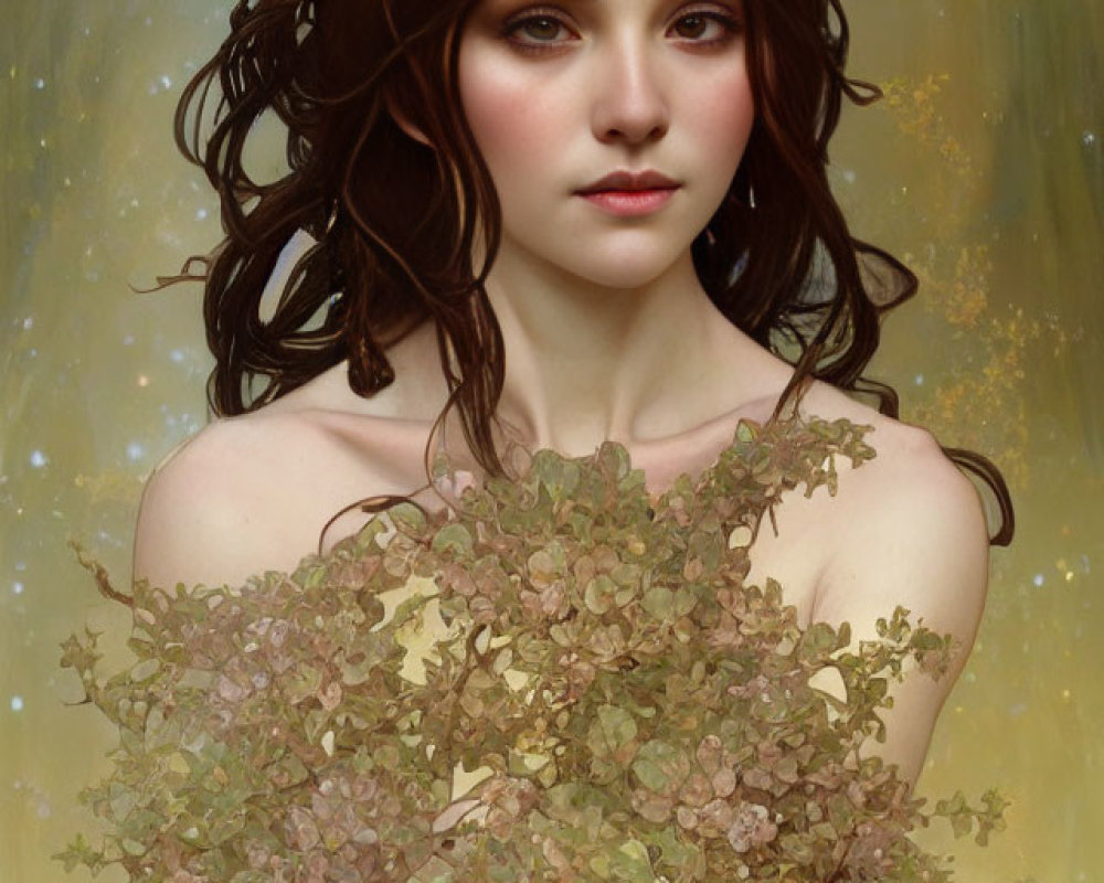 Digital artwork featuring woman with tree branch antlers, dark hair, and leaf cloak.