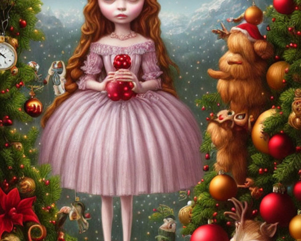 Whimsical Christmas-themed surreal girl illustration