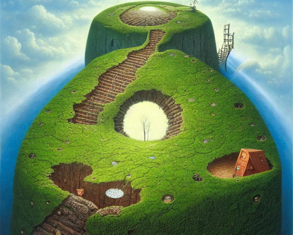 Surreal grassy landscape with loop, stairs, person, and embedded structures