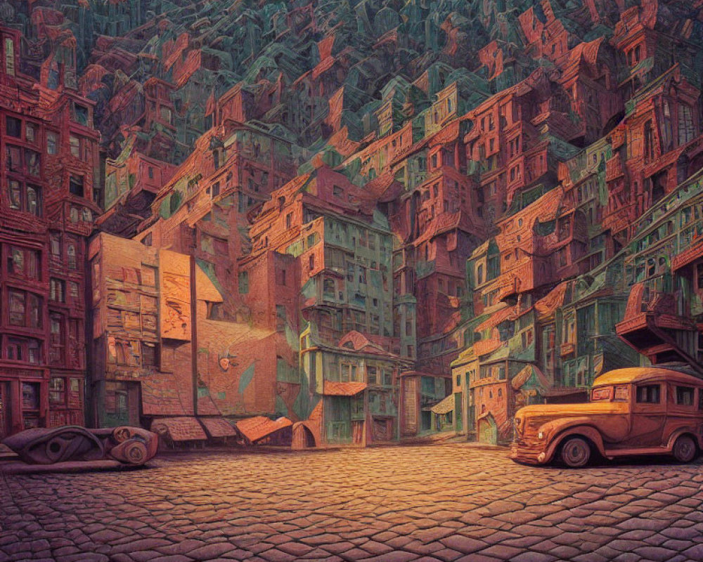 Distorted cityscape with vintage car and cobblestone street in warm hues