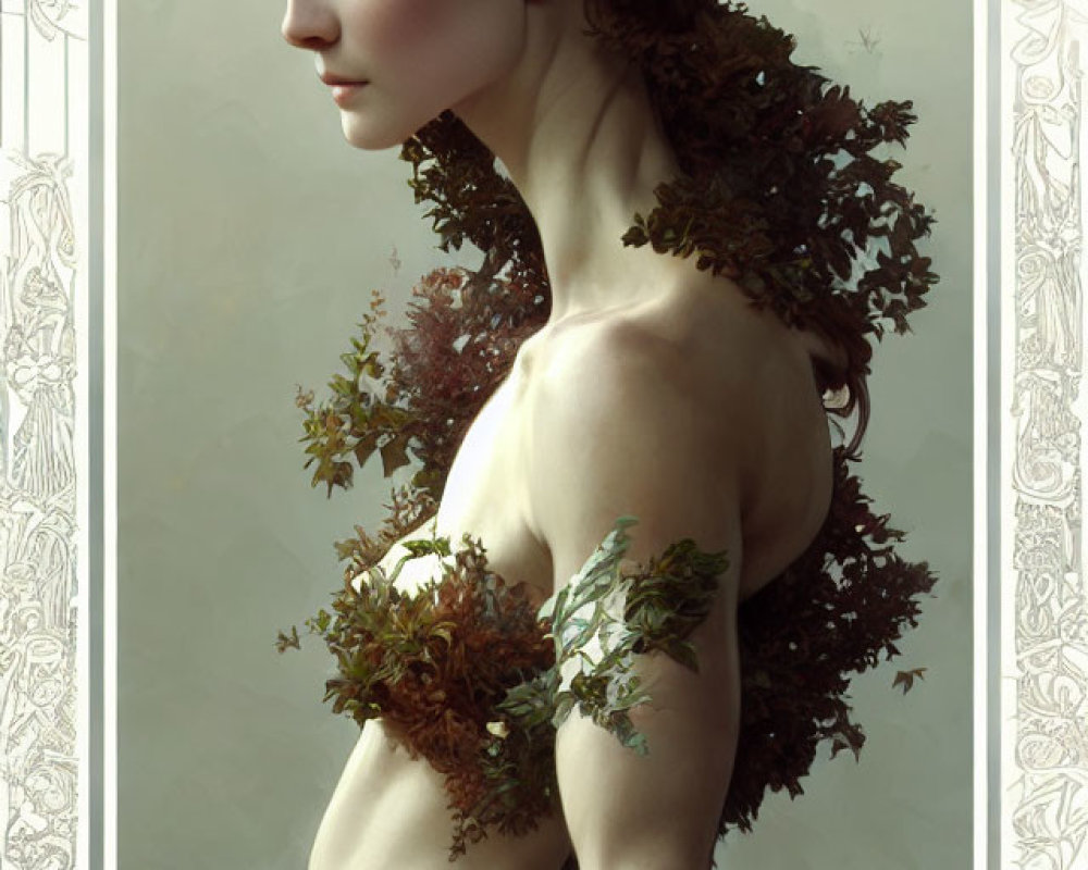 Person with serene expression adorned with nature-inspired elements