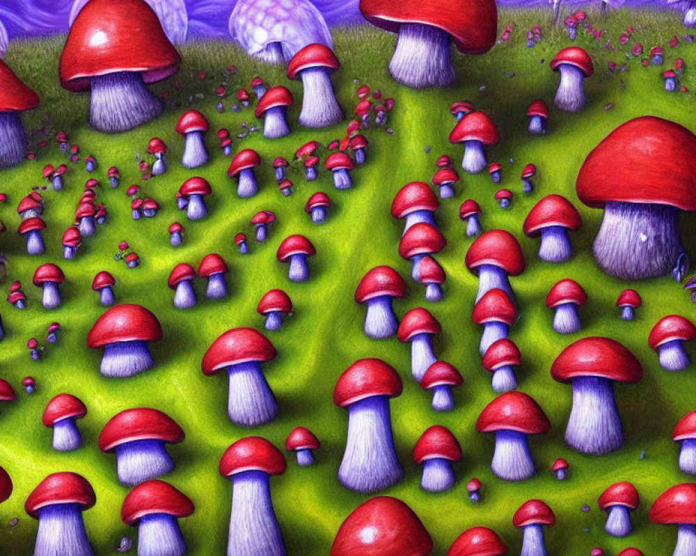 Colorful red and white mushrooms in a dreamy landscape