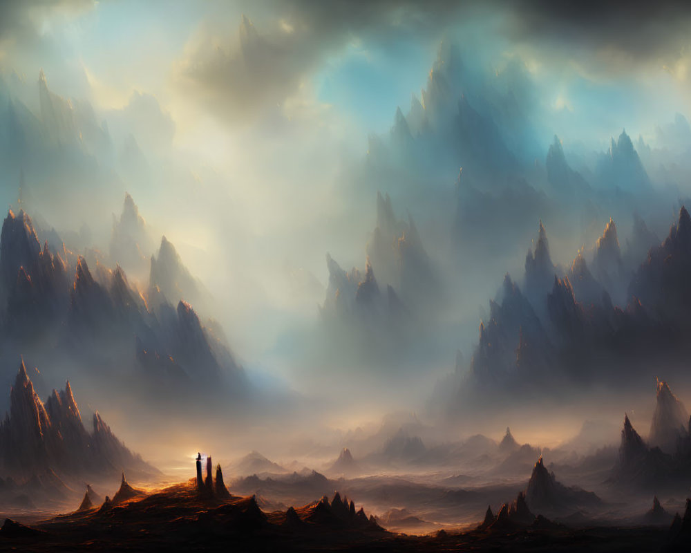 Silhouetted figures in mountain landscape under dramatic sky