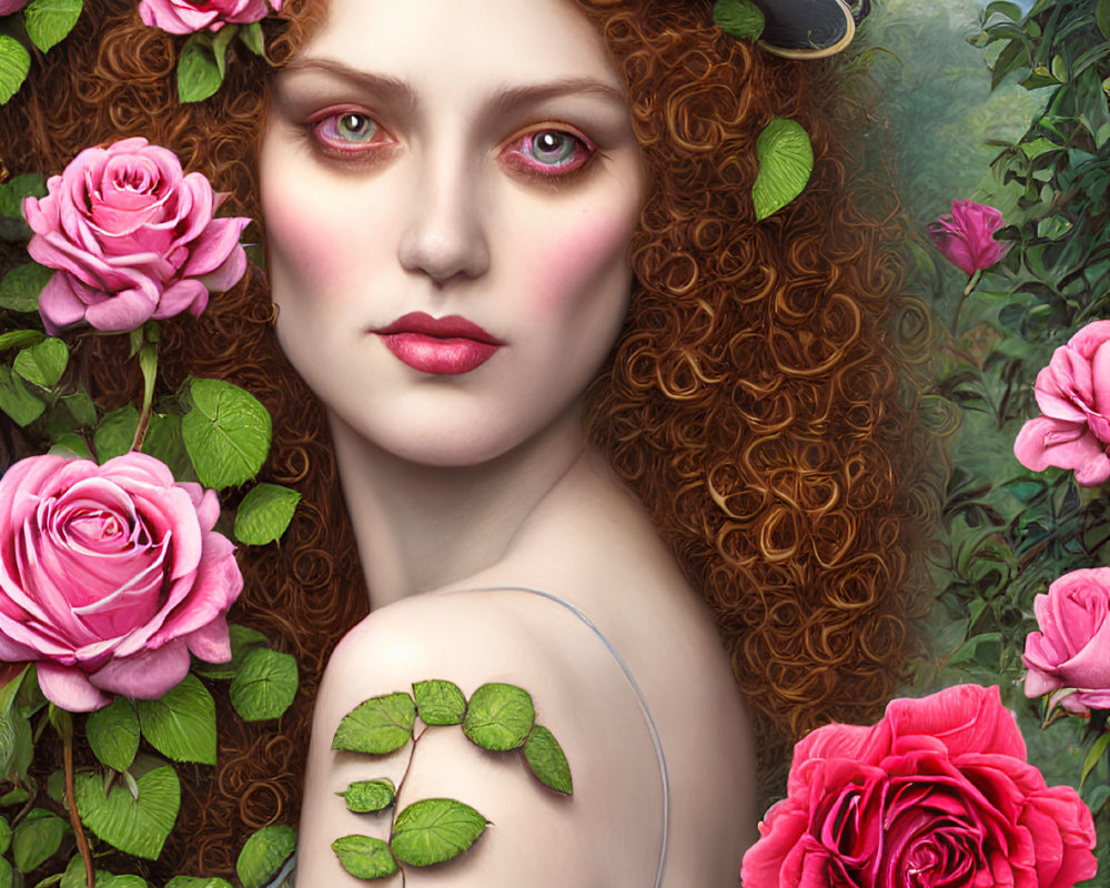 Curly Red-Haired Woman in White Hat Surrounded by Rose Bushes