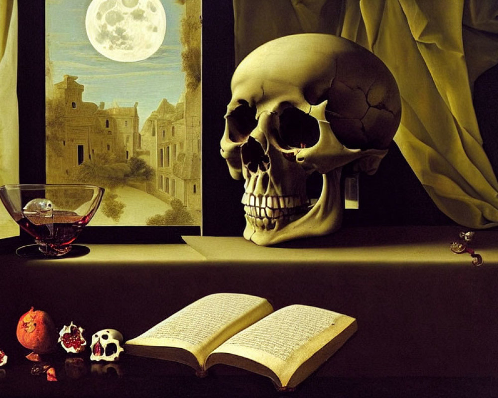 Still-life with large skull, open book, bowl, pomegranate halves, small skull,