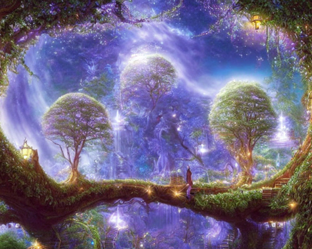 Enchanting forest scene with illuminated trees, bridge, lanterns, and celestial sky