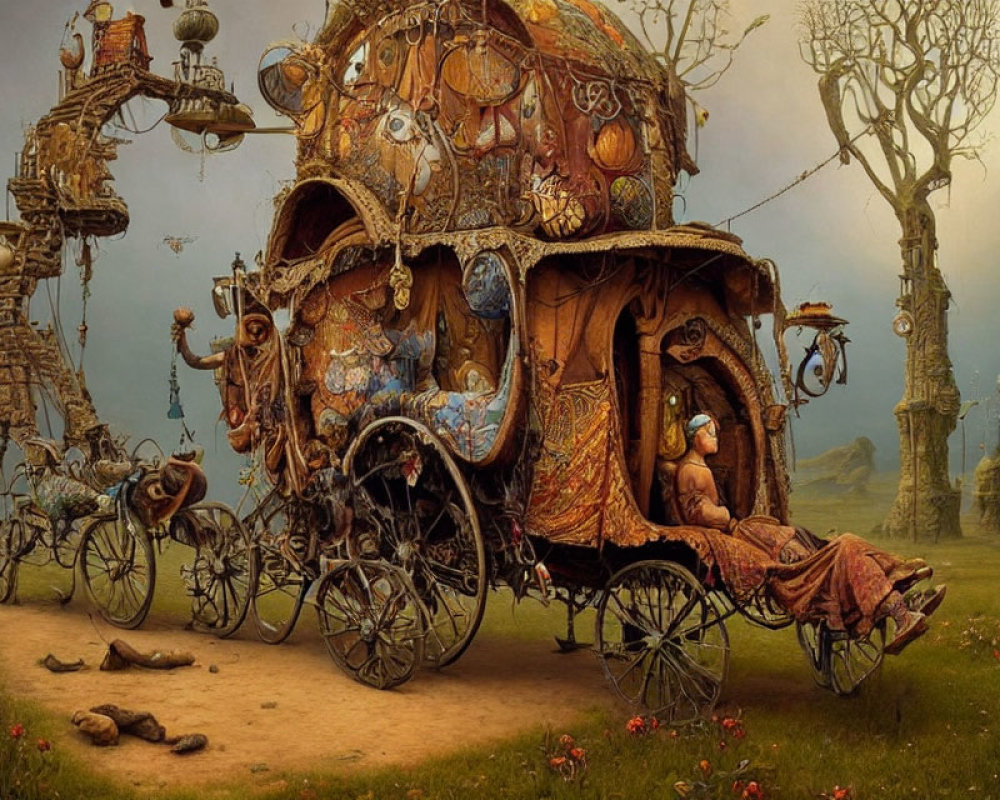 Whimsical steampunk caravan in serene fantasy landscape