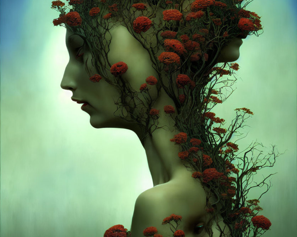 Surreal figure with branch-adorned head in profile against green and blue backdrop