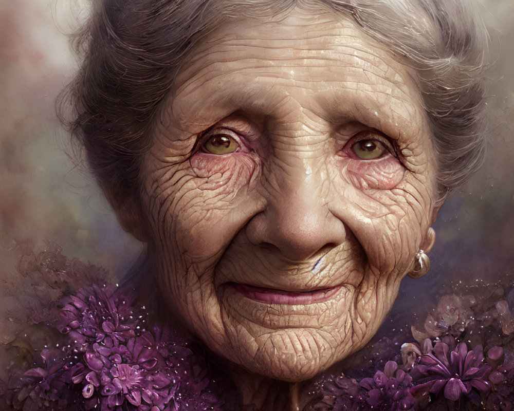 Elderly woman with warm smile, purple flowers, and pearl earring