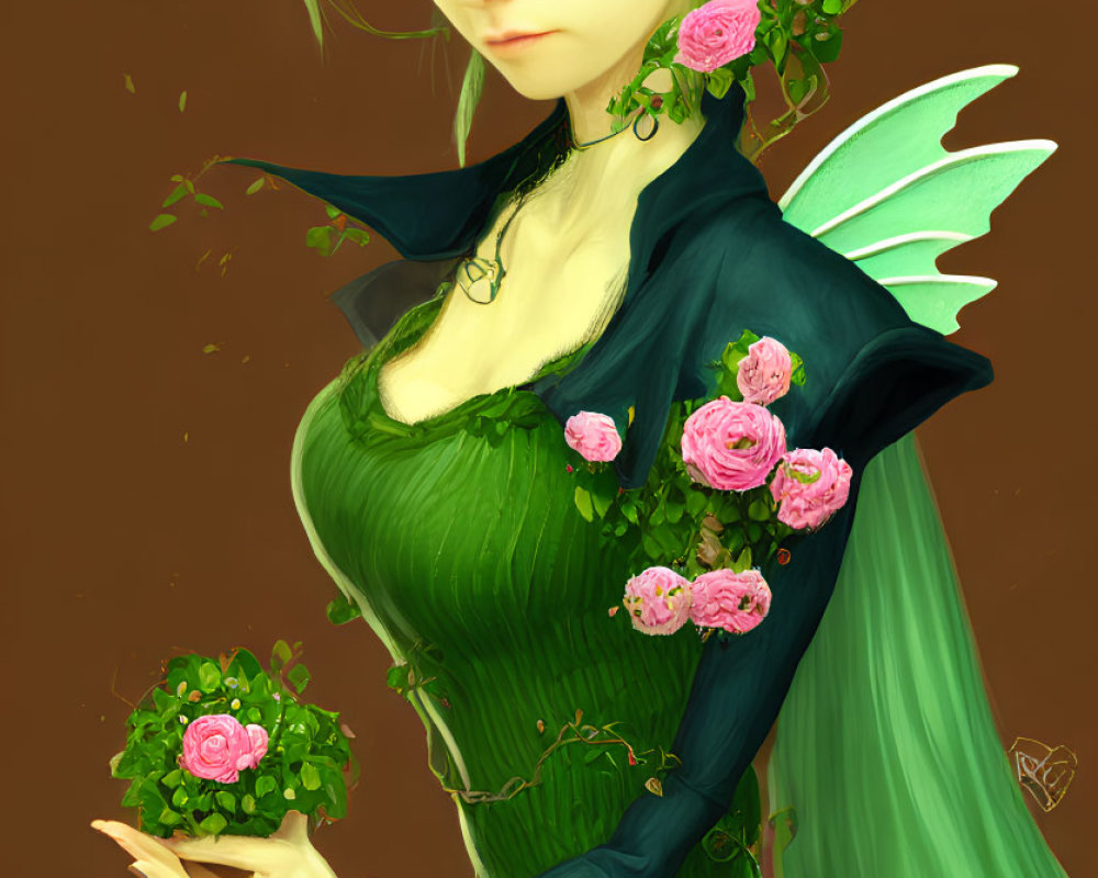 Digital artwork of fairy with green hair, rose crown, wings, and rose on brown background