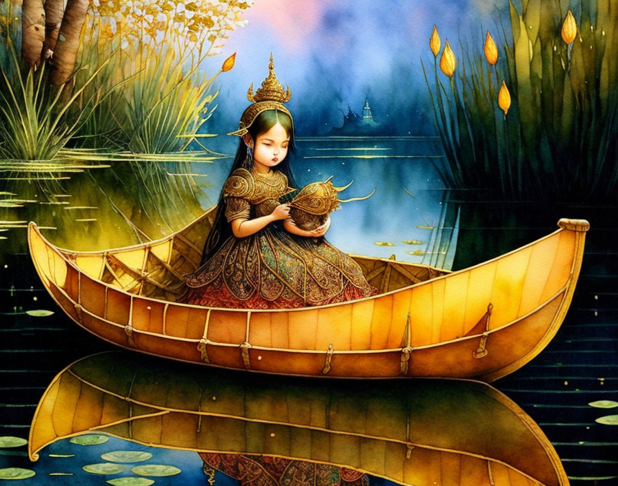 Traditional attire girl in golden canoe surrounded by water lilies with ethereal background