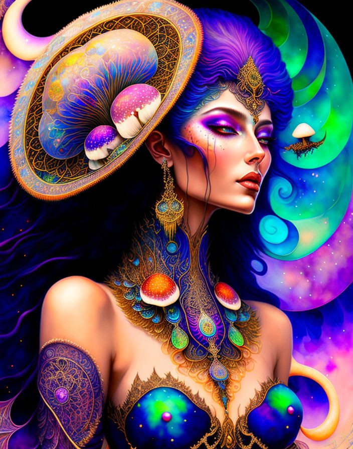 Colorful Illustration of Woman with Purple Skin and Mushroom Motifs