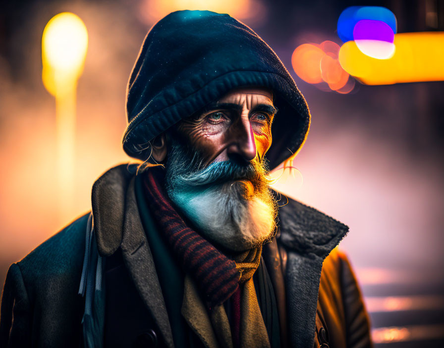 Elderly man portrait with hat, warm lighting, and colorful bokeh