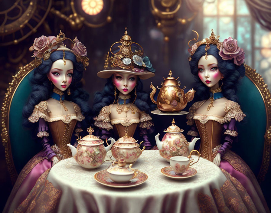 Three animated Victorian-style dolls at a tea party in an ornate room