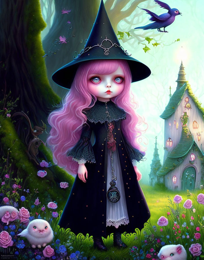 Fantasy illustration: large-eyed girl in witch costume with whimsical creatures in enchanted forest