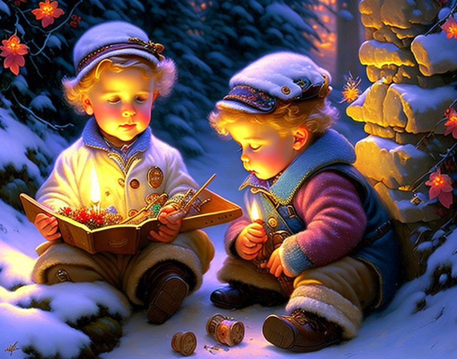 Children in vintage clothing explore treasure box by lantern light