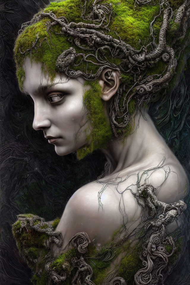 Person with Moss and Twisted Branches: Ethereal Forest Portrait