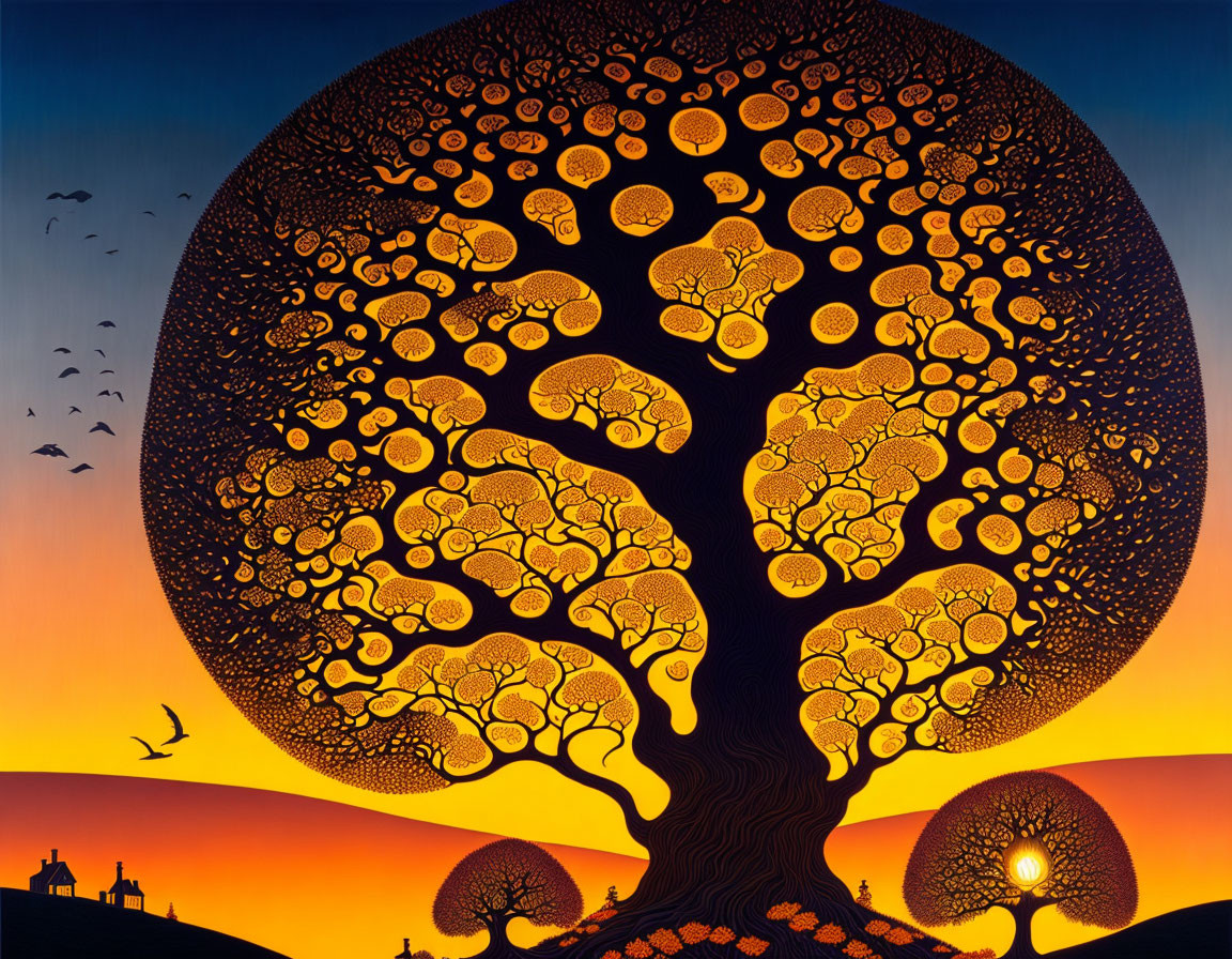 Stylized tree with intricate branches against sunset sky and birds, small house silhouette