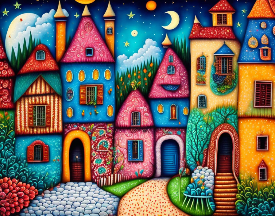 Colorful fantasy houses under sun and moon in whimsical painting