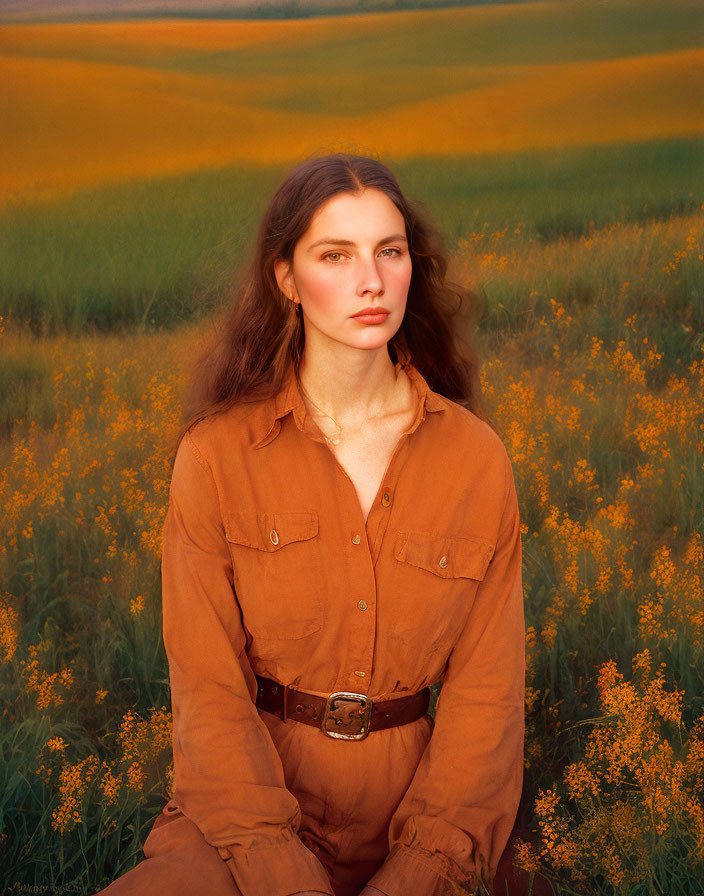 Woman in Brown Shirt Posing in Yellow Flower Field